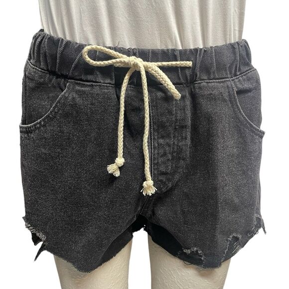 Wish List denim jean shorts,distressed pull on w/ draw string, black size S - Picture 1 of 5